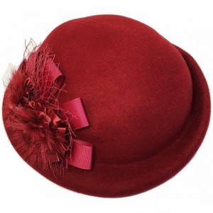 Berets Womens 100% Wool Veil Flower Pillbox Hat Winter Hat Crimping Beanie Hat - Wine Red - CO18775T042 $17.23