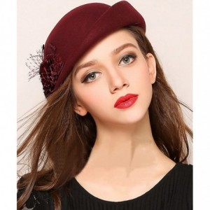 Berets Womens 100% Wool Veil Flower Pillbox Hat Winter Hat Crimping Beanie Hat - Wine Red - CO18775T042 $17.23