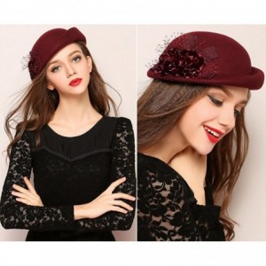 Berets Womens 100% Wool Veil Flower Pillbox Hat Winter Hat Crimping Beanie Hat - Wine Red - CO18775T042 $17.23