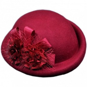 Berets Womens 100% Wool Veil Flower Pillbox Hat Winter Hat Crimping Beanie Hat - Wine Red - CO18775T042 $17.23