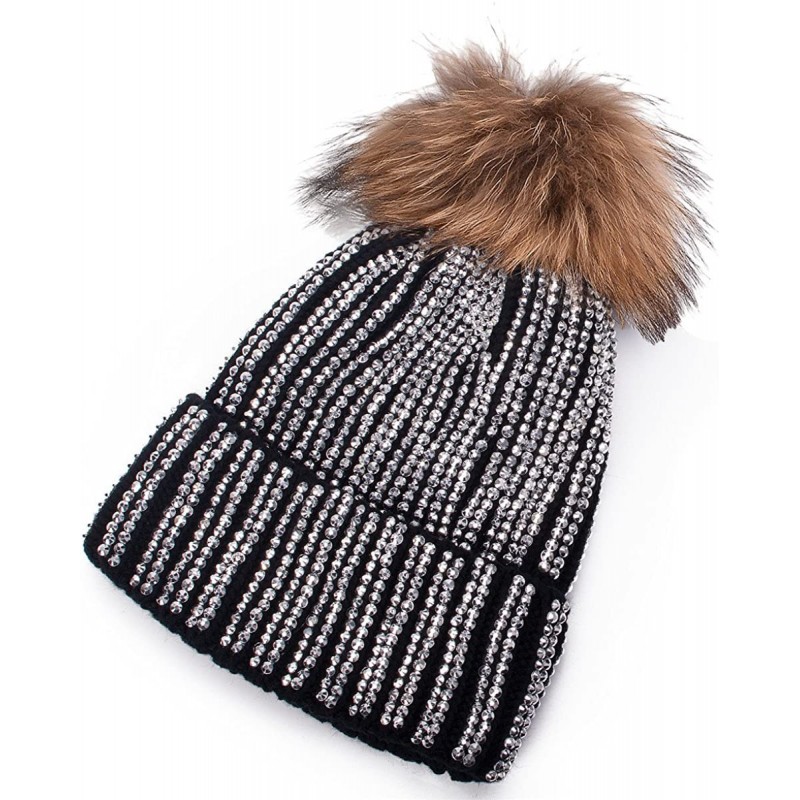 Skullies & Beanies Lady Rhinestone Bling Pom Pom Knit Snow Beanie Ski Hat Skull Cap A391 - Black - CH1880W2M8I $20.79