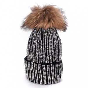 Skullies & Beanies Lady Rhinestone Bling Pom Pom Knit Snow Beanie Ski Hat Skull Cap A391 - Black - CH1880W2M8I $20.79