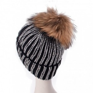 Skullies & Beanies Lady Rhinestone Bling Pom Pom Knit Snow Beanie Ski Hat Skull Cap A391 - Black - CH1880W2M8I $20.79