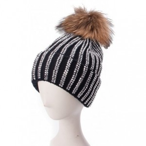 Skullies & Beanies Lady Rhinestone Bling Pom Pom Knit Snow Beanie Ski Hat Skull Cap A391 - Black - CH1880W2M8I $20.79