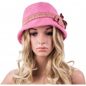 Bucket Hats Womens 1920s Gatsby Wool Flower Band Beret Beanie Cloche Bucket Hat A374 - Pink - CQ12M2Q22UH $9.44