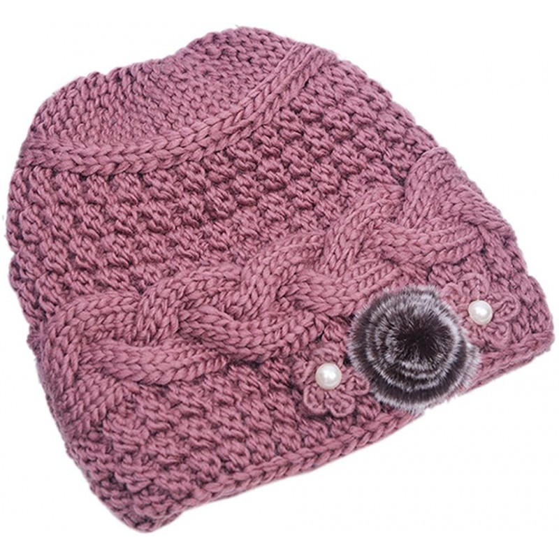 Skullies & Beanies Women's Mother Elderly Winter Skull Cap Fur Flowers Velvet Knit Hat - Pink - CB12NDS221T $13.15