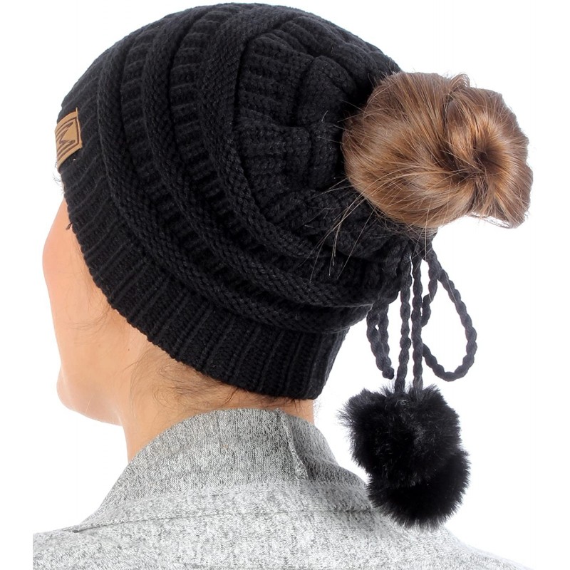 Skullies & Beanies Women's Ponytail Messy Bun Beanie Ribbed Knit Hat Cap with Adjustable Pom Pom String - Black - CJ18H4GS0DY...