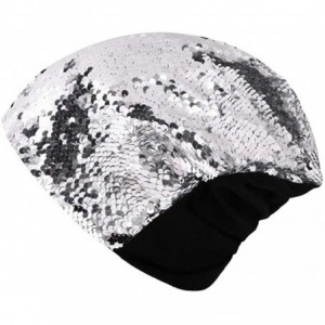 Skullies & Beanies Unisex Winter Reversible Sequin Knitted Hat Oversized Warm Chunky Cuff Beanie - Silver - CU18LAUIKD6 $10.41