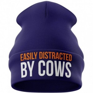 Skullies & Beanies Farming Gifts - Easily Distracted by Cows Funny Beanie Hat - Tractor Gifts Farmers Gifts - Navy - C718OEAQ...