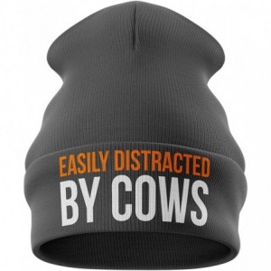 Skullies & Beanies Farming Gifts - Easily Distracted by Cows Funny Beanie Hat - Tractor Gifts Farmers Gifts - Navy - C718OEAQ...