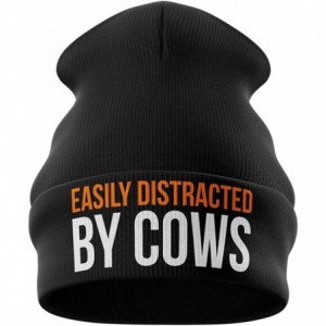 Skullies & Beanies Farming Gifts - Easily Distracted by Cows Funny Beanie Hat - Tractor Gifts Farmers Gifts - Navy - C718OEAQ...