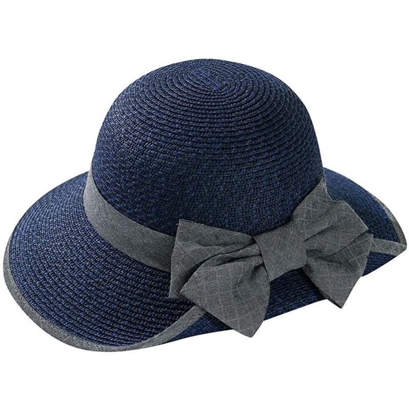 Sun Hats Women Colorful Big Brim Straw Bow Hat Sun Floppy Wide Brim Hats Beach Cap - Navy-bridal Tea - CZ18UZQ3L3W $15.65