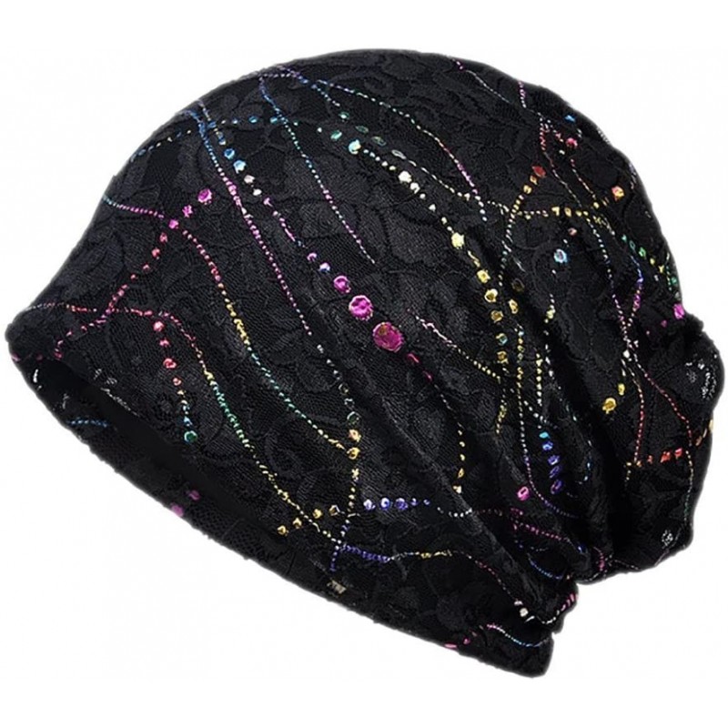 Headbands Lace Floral Beanie Hat Diamonds Beads Chemo Cap Soft Comfort Chic Slouchy Hats for Women - Diamonds Black - CK18H39...