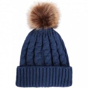 Skullies & Beanies Winter Hand Knit Beanie Hat with Faux Fur Pompom - Denim Blue - C612MYF79SI $15.32