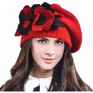 Berets Lady French Beret Wool Beret Chic Beanie Winter Hat Jf-br034 - Floral Red - CT12NUR8VXF $15.08