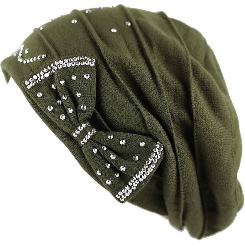 Skullies & Beanies Women's Handmade Warm Baggy Fleece Lined Slouch Beanie Hat - 2. Ribbon2 - Olive - C118ZN4MK05 $15.46