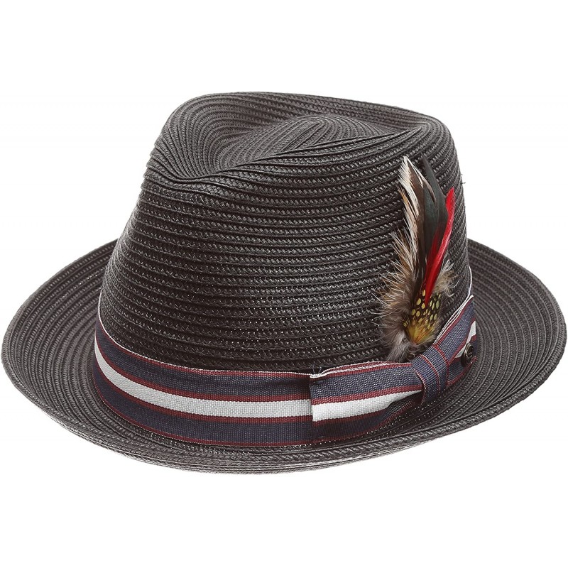 Fedoras Men's Summer Lightweight Crushable Trilby Fedora hat with Removable Feather - B. Black With Striped Band - CS18E44AHU...