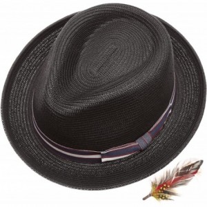 Fedoras Men's Summer Lightweight Crushable Trilby Fedora hat with Removable Feather - B. Black With Striped Band - CS18E44AHU...