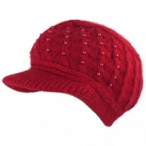 Newsboy Caps Women's Angora Newsboy Cap Hat - Faux Pearl Accent - Dual Layer - Red - CD12N29LAFC $22.23
