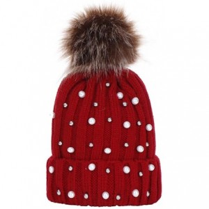 Bomber Hats Women Faux Fur Pom Pom Beanie Cap Fashion Winter Pearl Knit Ski Hat - Red - C218LK3XQWT $6.65