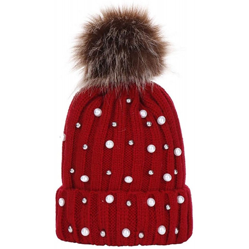 Bomber Hats Women Faux Fur Pom Pom Beanie Cap Fashion Winter Pearl Knit Ski Hat - Red - C218LK3XQWT $6.65