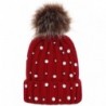 Bomber Hats Women Faux Fur Pom Pom Beanie Cap Fashion Winter Pearl Knit Ski Hat - Red - C218LK3XQWT $13.49