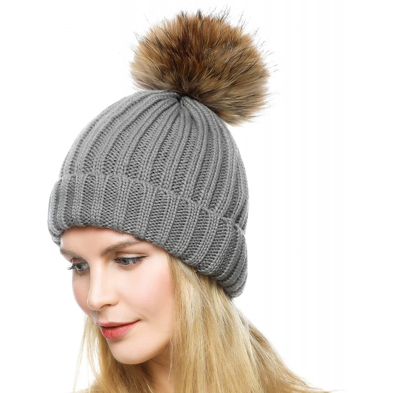 Skullies & Beanies Knit Hat for Womens Girls Fleece Winter Slouchy Beanie Hat with Real Raccon Fox Fur Pom Pom - Style02 Grey...