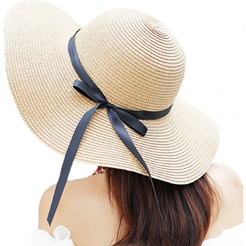Sun Hats Women's Big Brim Sun Hat Floppy Foldable Bowknot Straw Hat Summer Beach Hat Beige - Beige - CM1804T48CC $12.16
