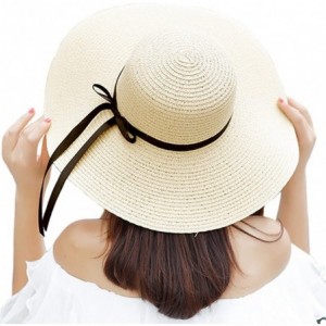 Sun Hats Women's Big Brim Sun Hat Floppy Foldable Bowknot Straw Hat Summer Beach Hat Beige - Beige - CM1804T48CC $12.16