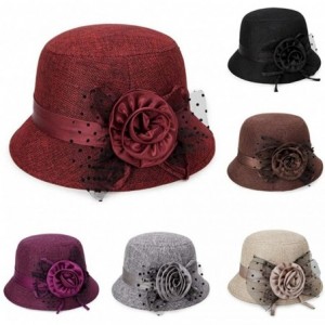 Fedoras Women's Retro Ribbon Flower Bow Solid Color Fedora Bowler Hat Caps - Khaki - CU19233MWG4 $6.94