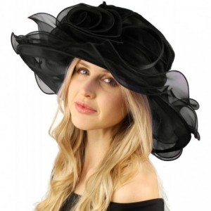 Sun Hats Darling Flower Satin Swirl Party Ruffle Derby Bucket Floppy Organza Hat - Black - CZ12DQJZ5RB $32.68