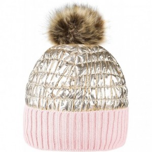 Skullies & Beanies Winter Knit Hats for Women Thick Pom Pom Metallic Shiny Beanies Ski Cap - Light Pink Pale Gold - CL18ACHHA...