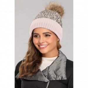 Skullies & Beanies Winter Knit Hats for Women Thick Pom Pom Metallic Shiny Beanies Ski Cap - Light Pink Pale Gold - CL18ACHHA...