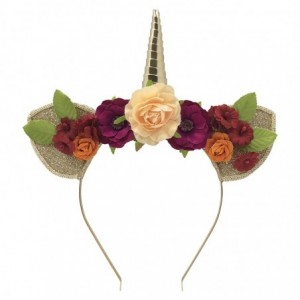 Headbands Warm Gold Unicorn Horn Headband with Glittery Ears and Beautiful Flower Crown Accent - CA18WURYTMX $11.99