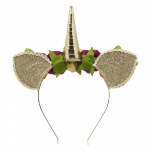 Headbands Warm Gold Unicorn Horn Headband with Glittery Ears and Beautiful Flower Crown Accent - CA18WURYTMX $11.99