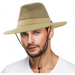 Fedoras Men's Summer Breathable Vented Panama Fedora Safari Wide Brim Hat - Khaki - C918EHK9YZN $21.36