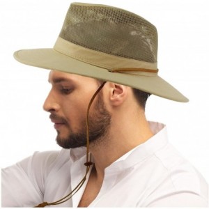 Fedoras Men's Summer Breathable Vented Panama Fedora Safari Wide Brim Hat - Khaki - C918EHK9YZN $21.36