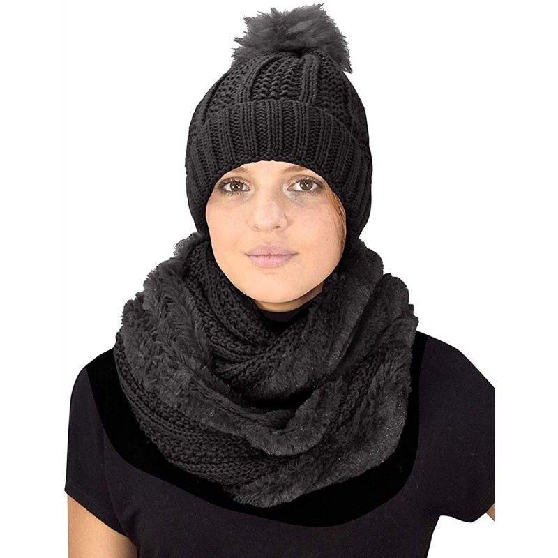 Skullies & Beanies Thick Warm Crochet Beanie Hat & Plush Fur Lined Infinity Loop Scarf Set - Black 98 - C718YHESONA $12.29