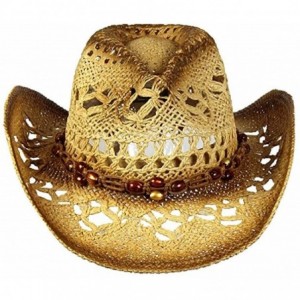 Cowboy Hats Men's & Women's Western Style Cowboy/Cowgirl Toyo Straw Hat - Tea Stain-brown/Beads - CL18WEMATWQ $18.42