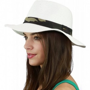 Sun Hats Teardrop Dent Paper Woven Panama Sun Beach Hat with Camouflage Band - White - CT17X6L2A35 $27.02