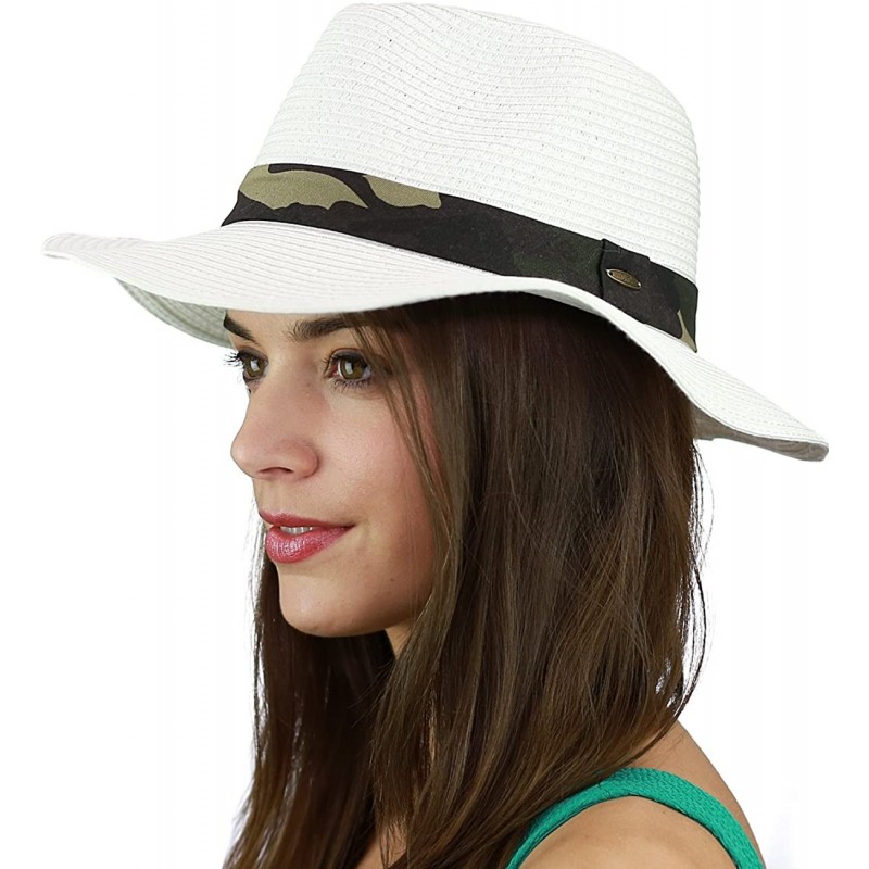 Sun Hats Teardrop Dent Paper Woven Panama Sun Beach Hat with Camouflage Band - White - CT17X6L2A35 $14.04