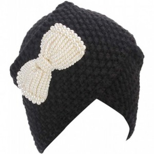Skullies & Beanies Women Ladies Winter Knitting Hat Turban Brim Hat Wrap Pile Cap with Bow-Knot - Black - CN18I8OCEZZ $8.17