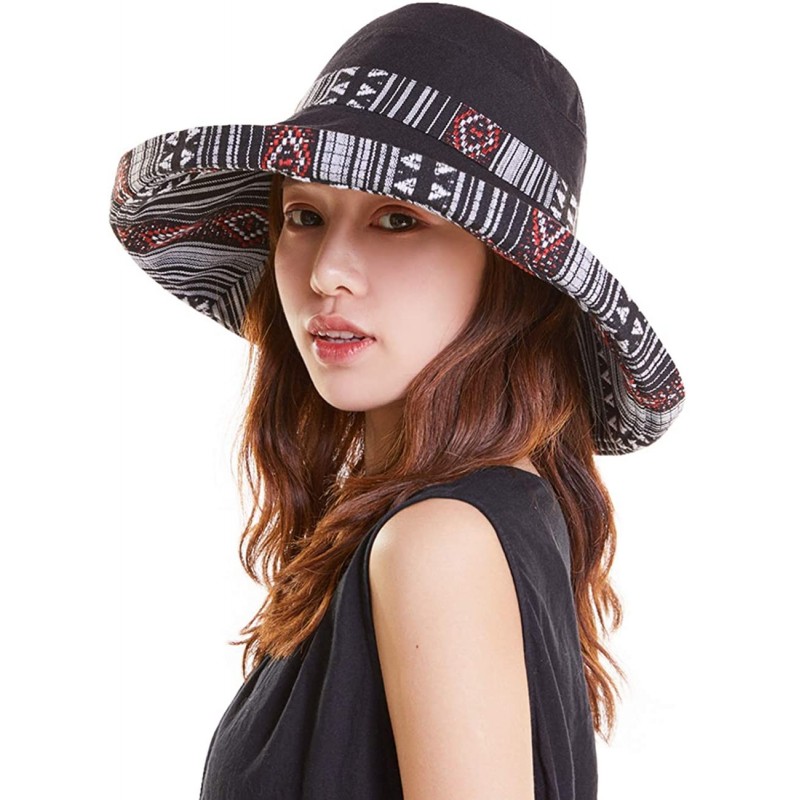 Sun Hats Cotton Linen Wide Brim Bucket Hats for Women Foldable Beach Sun Protection Hats with Chin Strap - Ethnic-black - CB1...