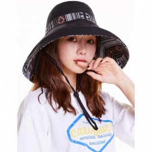 Sun Hats Cotton Linen Wide Brim Bucket Hats for Women Foldable Beach Sun Protection Hats with Chin Strap - Ethnic-black - CB1...