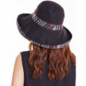 Sun Hats Cotton Linen Wide Brim Bucket Hats for Women Foldable Beach Sun Protection Hats with Chin Strap - Ethnic-black - CB1...