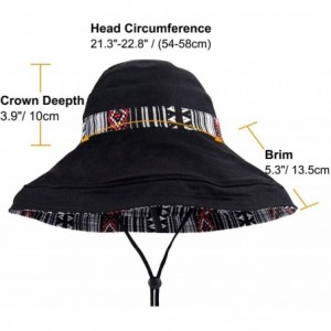 Sun Hats Cotton Linen Wide Brim Bucket Hats for Women Foldable Beach Sun Protection Hats with Chin Strap - Ethnic-black - CB1...