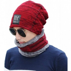Skullies & Beanies Men Thicken Warm Hat with Scarf-Casual Knitted Skullies Beanies - Wine Red - CN18AMXHD4L $17.14