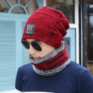 Skullies & Beanies Men Thicken Warm Hat with Scarf-Casual Knitted Skullies Beanies - Wine Red - CN18AMXHD4L $17.14