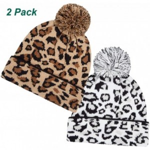 Skullies & Beanies Winter Beanie Hat Scarf Set Touch Screen Glove Warm Slouchy Pom Knit Skull Cap - Leopard Hat 2 Pack - CE19...