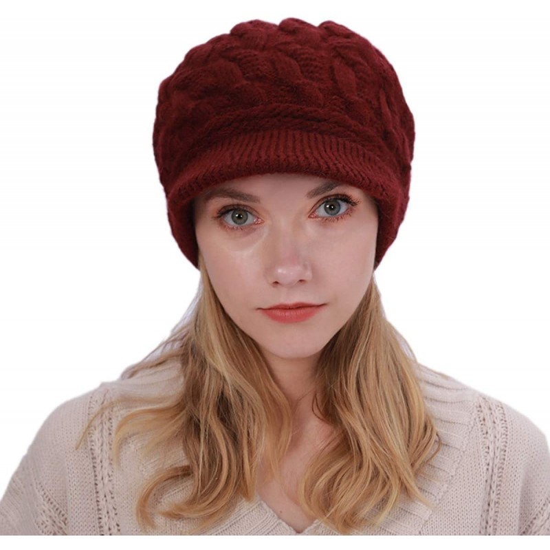 Newsboy Caps Women Warm Caps Beret Newsboy Winter Cap Snow Ski Outdoor Twist Knitted Hat with Visor - A-red - CA18Z5HU0RO $11.49